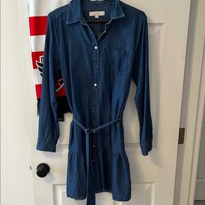 LOFT Chambray Long Sleeve Tiered Shirt Dress